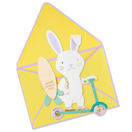 Kids Easter Card, Wheely Fun Die-Cut Bunny on Scooter with Removable Carrot Card