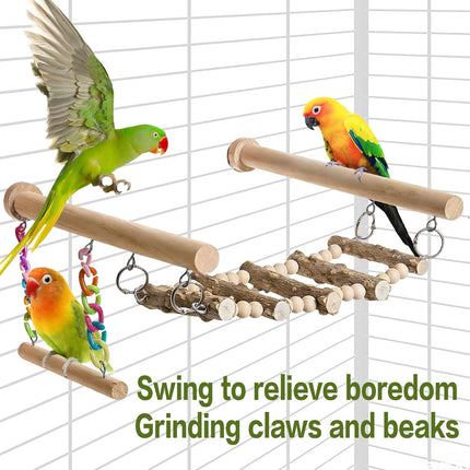 PawHaven RefugioPata Bird Perches Ladder with Swing, Natural Wood Parrot Climbing Bridge Perch — Pet Supplies
