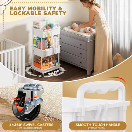 3-Tier White Rolling Diaper Cart with Lockable Wheels