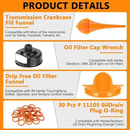Complete Motorcycle Oil Change Tool Set with Filter Cap Wrench, Fill Tools & 30 O-Rings