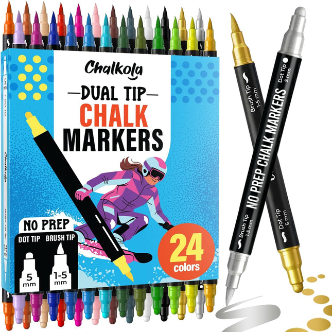 Dual Tip Liquid Chalk Markers for Blackboard, Glass & Mirror - 24 Colors