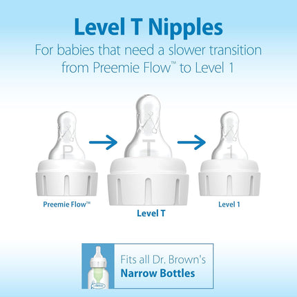 Natural Flow Level T Narrow Baby Bottle Nipples, Newborn Slow Flow, 0m+, 100% Silicone, 6-Pack