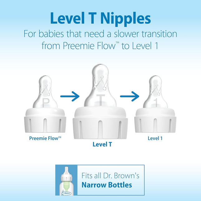Natural Flow Level T Narrow Baby Bottle Nipples, Newborn Slow Flow, 0m+, 100% Silicone, 6-Pack