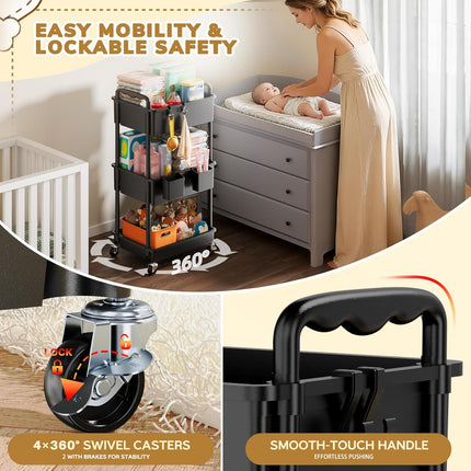 3-Tier Black Rolling Diaper Cart with Lockable Wheels
