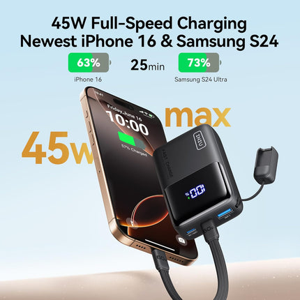 Ultra Mini 10000mAh 45W USB-C Portable Charger with Detachable Cable
