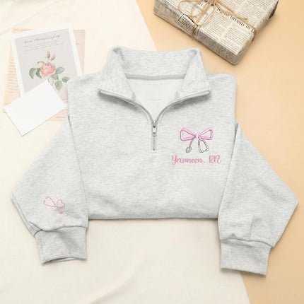 Custom Name Nurse Embroidered Quarter-Zip Sweatshirt with Title - Style 1