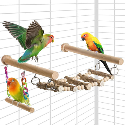 PawHaven RefugioPata Bird Perches Ladder with Swing, Natural Wood Parrot Climbing Bridge Perch — Pet Supplies