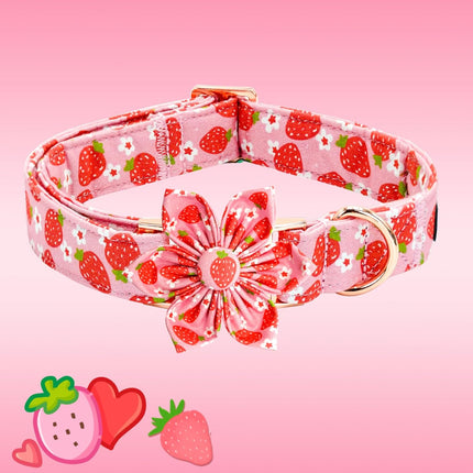 Elegant Little Tail Spring Flower Strawberry Print Adjustable Cotton Dog Collar for Small Dogs