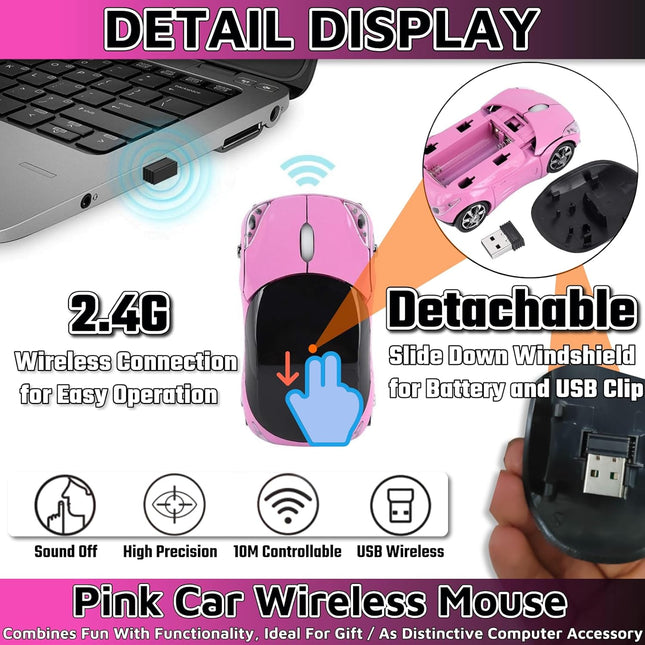 Pink 2.4G Wireless Car Mouse with USB Receiver