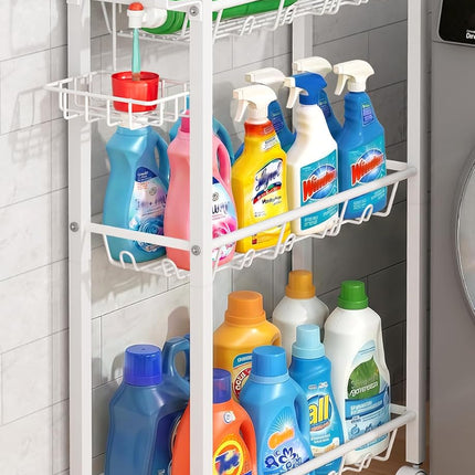 Laundry Room Cart with Top Detergent Holder, 3 Tier Metal Rolling Storage Cart, White