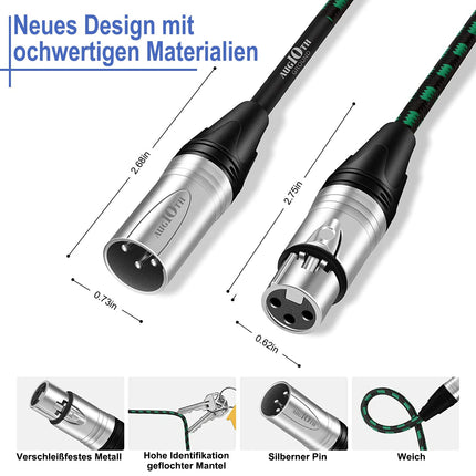 10 ft Green 3-Pin Male to Female XLR Microphone Cables, 2 Pack