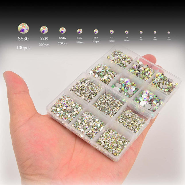 8000-Piece Crystal AB Mix Flatback Glass Rhinestones Set, SS3-SS30