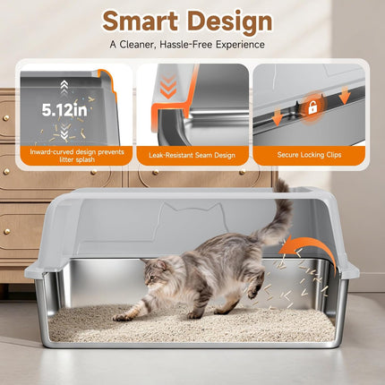 Stainless Steel XL High-Sided Cat Litter Box with Scoop, Gray