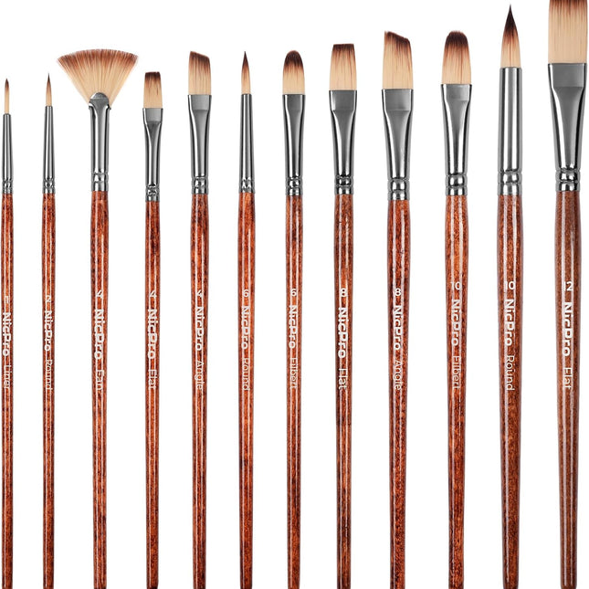 12-Piece Paint Brush Set for Acrylic, Oil, Watercolor & Gouache