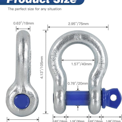 4 Pack 5/8" D Ring Shackles with 3/4" Screw Pin, 42,000 lb Break Strength