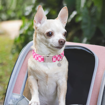 Pink Plaid Cotton Adjustable Dog Collar with Metal Buckle