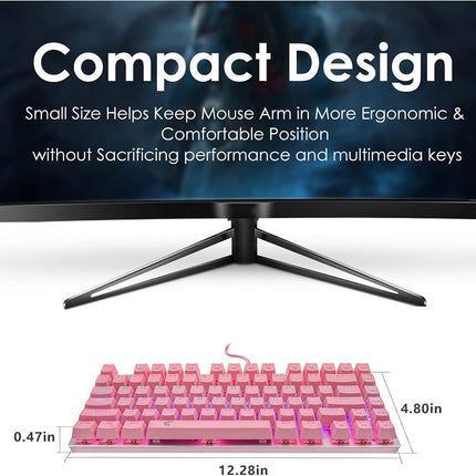 60% Mechanical Gaming Keyboard with Red Switches, Rainbow LED Backlighting, Hot Swappable 81 Keys, Pink