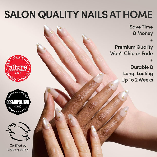 Sanded Short Almond Nude Press-On Nails with Gold Shell Accents
