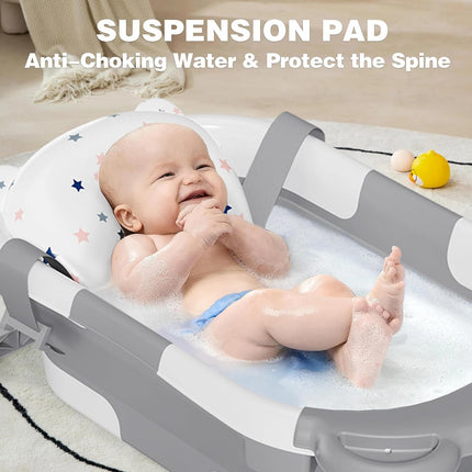 Collapsible Baby Bathtub for Newborns with Thermometer, Hooded Towel, Floating Cushion, and Drain Hole