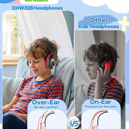 Kids Wired Over-Ear Headphones for School - Black Red