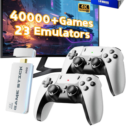 2026 Upgraded Retro Gaming Console Stick with 23 Emulators and 40,000+ Games, 4K HDMI Plug-and-Play TV Game System with Controllers, White