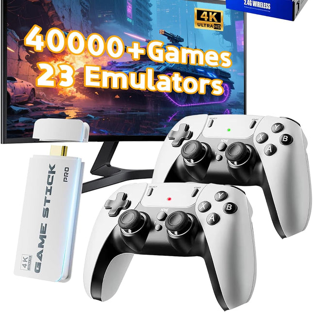 2026 Upgraded Retro Gaming Console Stick with 23 Emulators and 40,000+ Games, 4K HDMI Plug-and-Play TV Game System with Controllers, White
