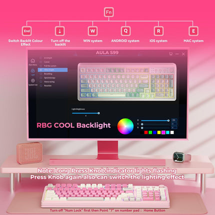 99-Key Wireless Gaming Keyboard with Number Pad, RGB Backlit Tri-Mode, Pink