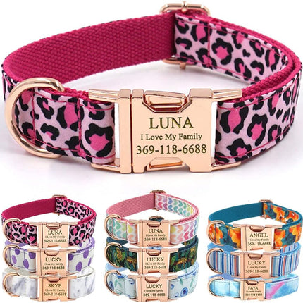 PETDURO Personalized Dog Collar Pink Leopard Print with Name & Phone Engraved on Rose Gold Metal Buckle for Large Medium Boy Girl Dogs for Valentines - Add Matching Leash Bow Tie via Customize Now