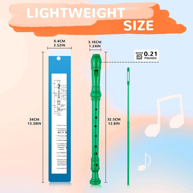 Green 8-Hole Soprano Descant Recorder with Cleaning Rod and Case Bag