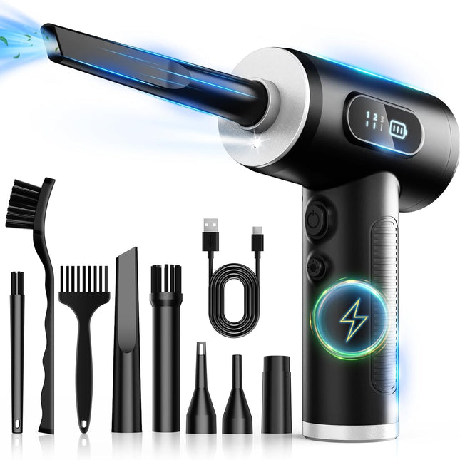 Compressed Air Duster, 3-Gear Rechargeable Cordless Air Blower with LED Light, Black