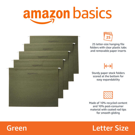 Hanging File Folders with Adjustable Tabs, Letter Size, Green, 25-Pack