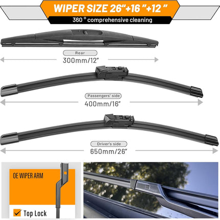 26 in + 16 in Windshield Wiper Set with 12 in Rear Blade, Pack of 3