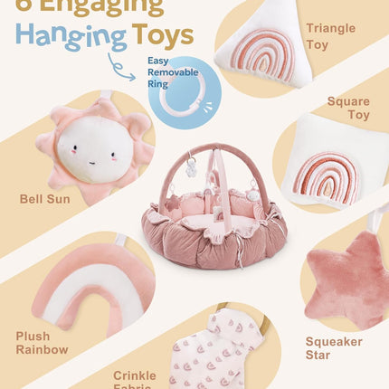 5-in-1 Thick Plush Baby Play Gym Mat with 6 Sensory Toys, Pink