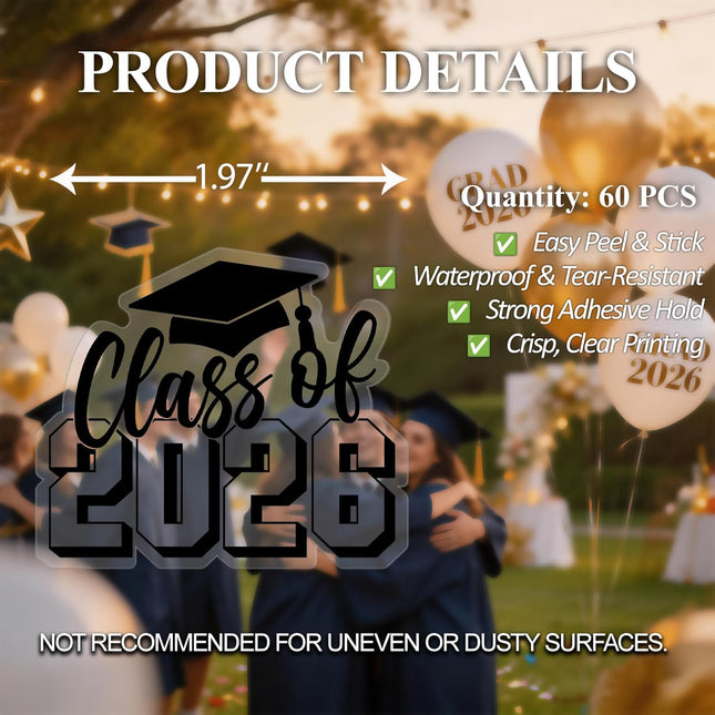 60pcs Class of 2026 Graduation Stickers, 2 Inch Clear Gold Foil Waterproof Vinyl Seals
