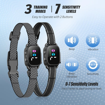 Anti Bark Collar for Small Dogs 2 Pack, No Shock Beep & Vibration, 7 Sensitivity Levels, Smart Bark Detection, Rechargeable IP67 Waterproof, 5-30 lbs