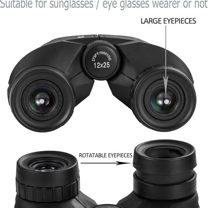 12x25 Compact Waterproof Binoculars for Adults and Kids