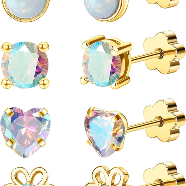 4-Pair Hypoallergenic Screw Back Flat Back Stud Earrings