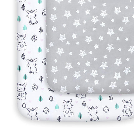 Pack and Play Sheets, 2 Pack Mini Crib Sheets, Stretchy Playard Fitted Sheet, Stars & Bunny