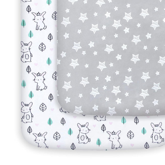 Pack and Play Sheets, 2 Pack Mini Crib Sheets, Stretchy Playard Fitted Sheet, Stars & Bunny