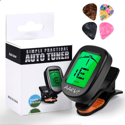 Clip On Guitar Tuner for All Instruments with LCD Display and 4 Guitar Picks