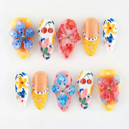 30-Piece Summer Fruit Press-On Nails, Medium Almond French Tip
