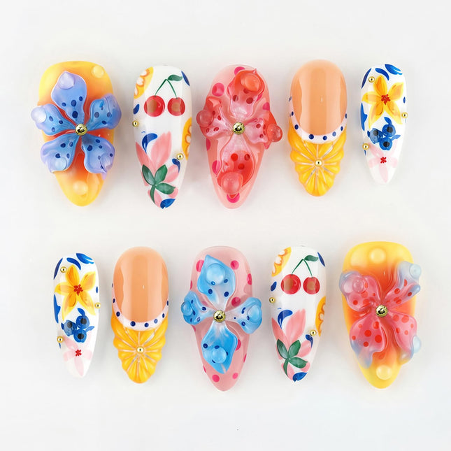 30-Piece Summer Fruit Press-On Nails, Medium Almond French Tip