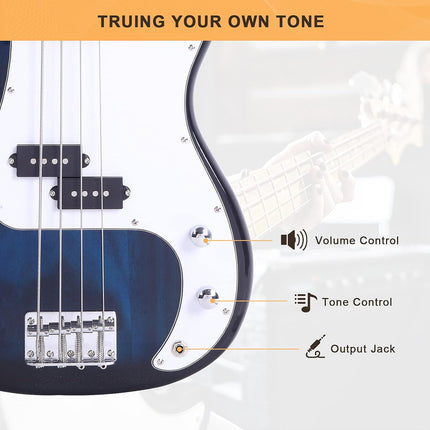 Full Size 4 String Electric Bass Guitar, Dark Blue Fire Style
