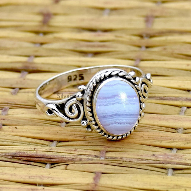 925 Sterling Silver Blue Lace Agate Statement Ring, Size 9