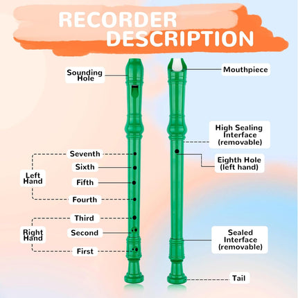 Green 8-Hole Soprano Descant Recorder with Cleaning Rod and Case Bag