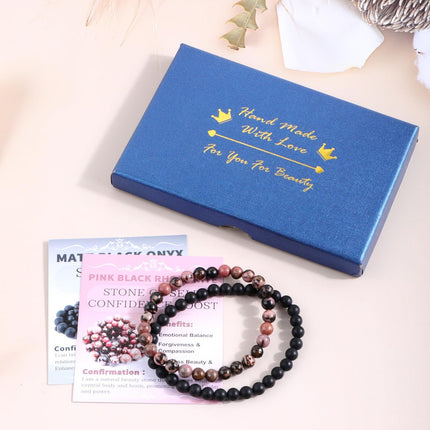 2-Piece 6mm Natural Crystal Gemstone Stretch Bracelets - Pink Black Rhodonite and Matte Black Agate