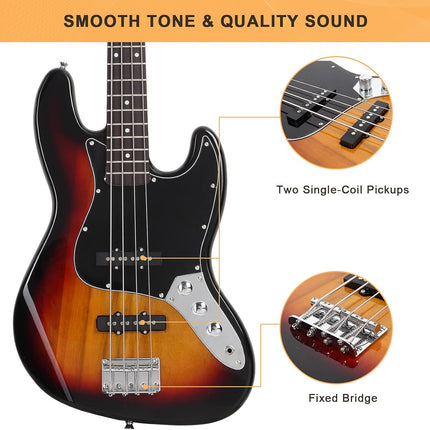 4-String GJazz Full-Size Right-Handed Electric Bass Guitar with Bag, Amp Cord and Beginner Kit - Sunset
