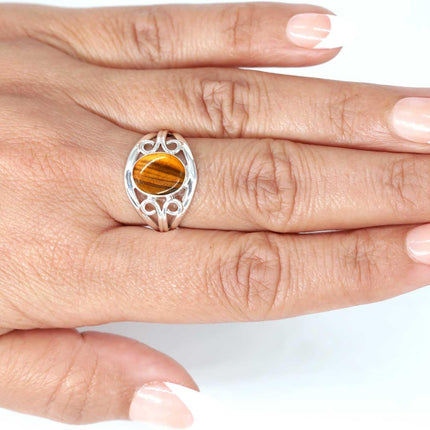 Brown Tiger Eye 925 Sterling Silver Statement Ring, Size 7.5