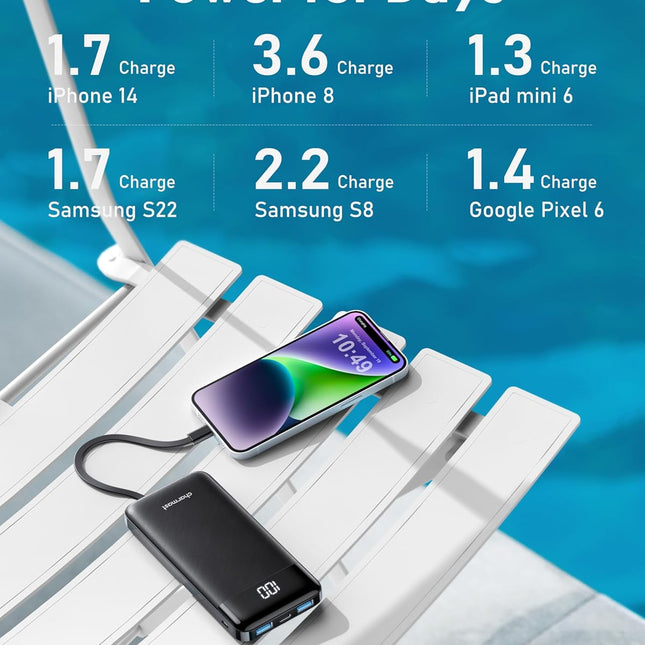 Slim 10000mAh Portable Charger with Built-In Cables