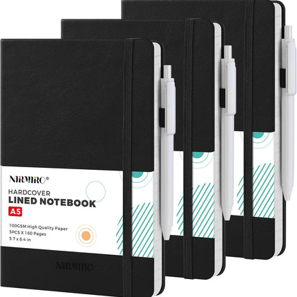 SourcetoHome (3 Pack) Lined Journal Notebook with Pen, A5 (5.7"x8.4") Leather Hardcover Journaling Notebooks for Women Men Work, 160 Pages per Note Book, 100GSM Paper, School Office Supplies, Black - General - front view